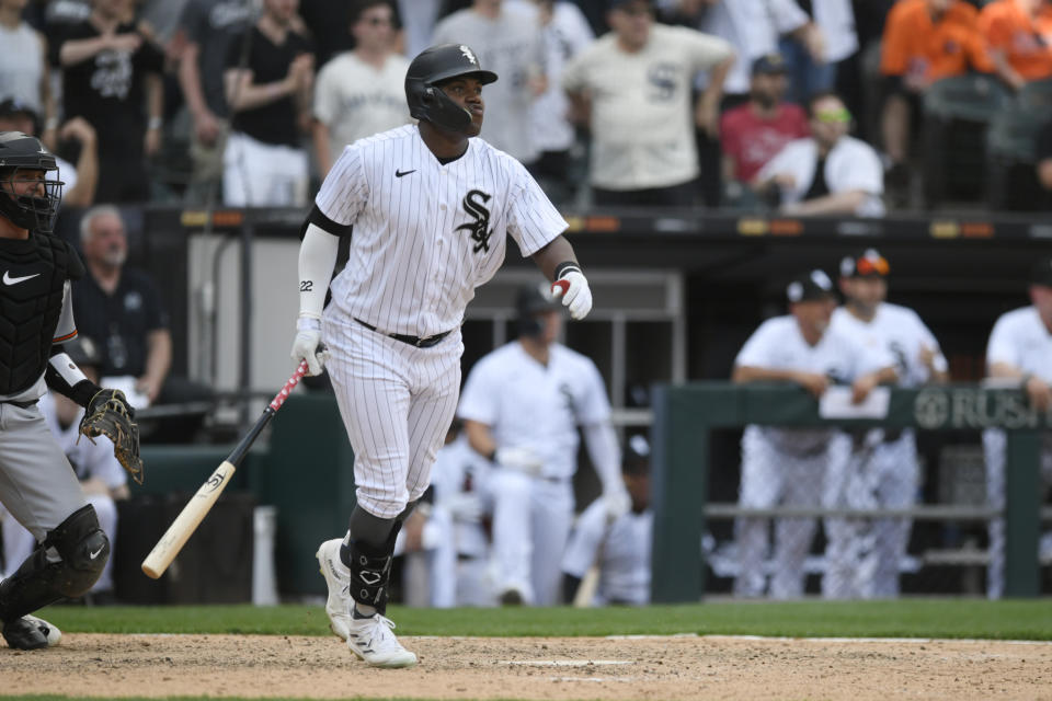 Chicago White Sox's Oscar Colas watches his walk-off RBI single that defeated the Baltimore Orioles 7-6 in 10 innings of a baseball game Saturday, April 15, 2023, in Chicago. (AP Photo/Paul Beaty)