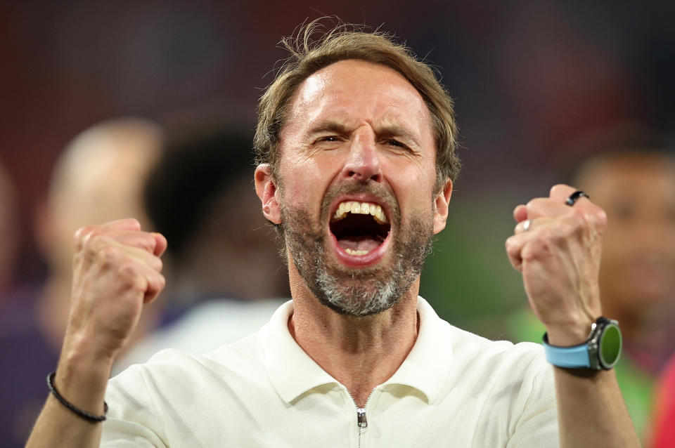 DORTMUND, GERMANY - JULY 10: England manager Gareth Southgate celebrates with fans after his team's victory in the UEFA EURO 2024 semi-final match between Netherlands and England at Dortmund Football Stadium on July 10, 2024 in Dortmund, Germany. (Photo by Stefan Matzke - sampics/Getty Images)