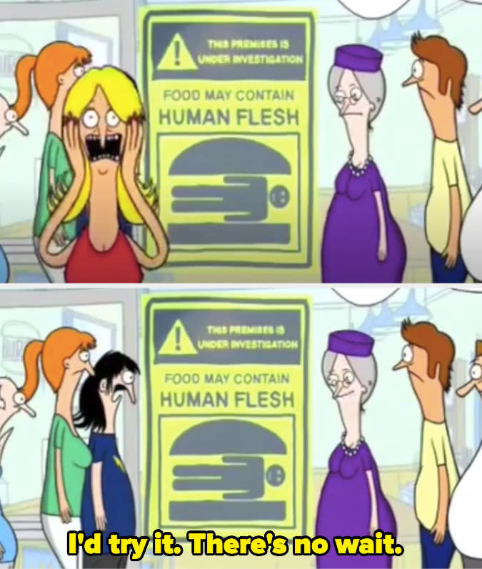 A crowd standing around a sign reading "food may contain human flesh" in the original pitch of "Bob's Burgers"