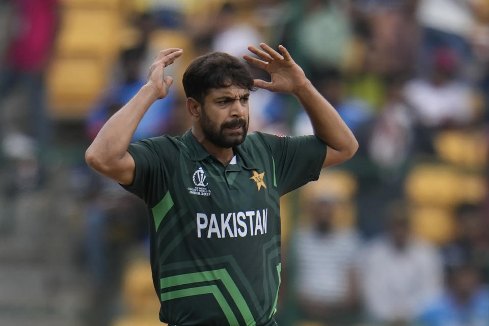 Pakistan's Haris Rauf reacts after delivering a ball during the ICC Men's Cricket World Cup match between New Zealand and Pakistan in Bengaluru, India, Saturday, Nov. 4, 2023. (AP Photo/Aijaz Rahi)