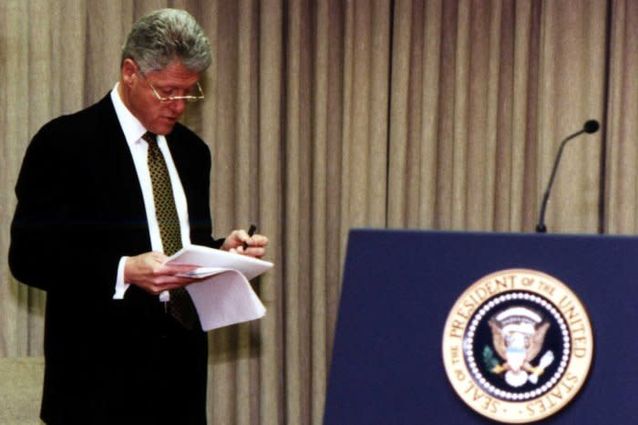 President Bill Clinton prepares January 27, 1998, for his State of the Union address at the White House. UPI File Photo