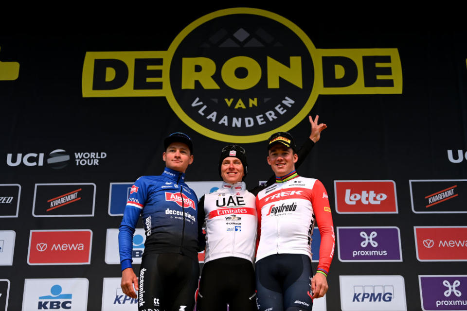 Tadej Pogačar with Mathieu van der Poel and Mads Pedersen on the Tour of Flanders podium