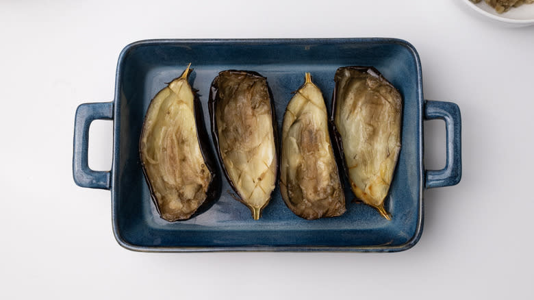 eggplant shells in baking tray