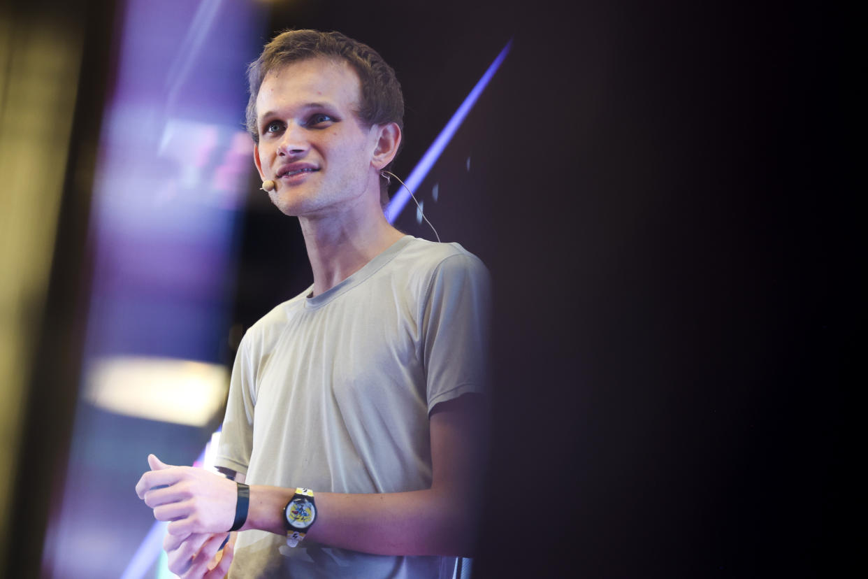 crypto Ethereum co-founder Vitalik Buterin speaks at ETHDenver on February 18, 2022 in Denver, Colorado. ETHDenver is the largest and longest running Ethereum Blockchain event in the world with more than 15,000 cryptocurrency devotees attending the weeklong meetup. (Photo by Michael Ciaglo/Getty Images)