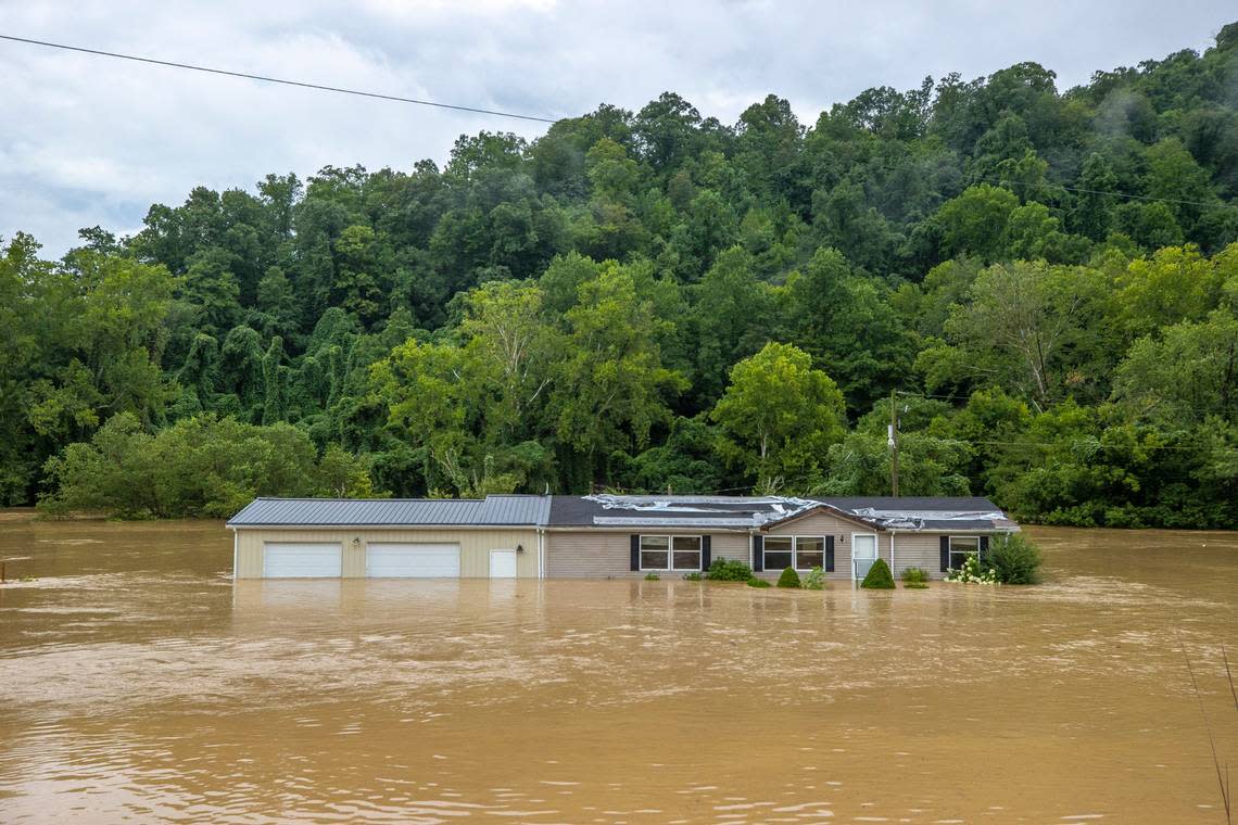 Flooding along the North Fork of the Kentucky River in Breathitt County, Ky., on Thursday, July 28, 2022.