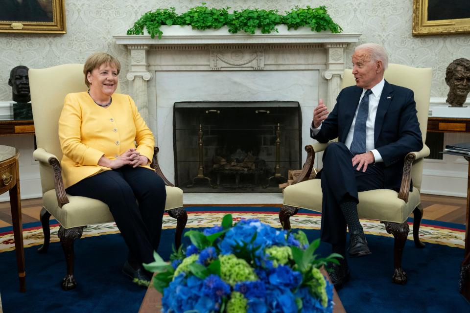 President Joe Biden meets with German Chancellor Angela Merkel in the Oval Office of the White House on Thursday.