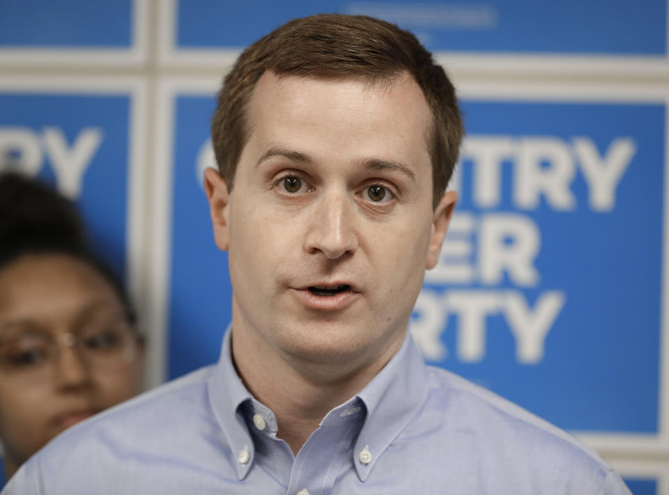 FILE - In this May 15, 2019, file photo, Ninth Congressional district Democratic candidate Dan McCready answers a question during a news conference in Charlotte, N.C. McCready and Republican Dan Bishop are expected to debate Wednesday, Aug. 28, in North Carolina’s 9th congressional district contest. A special election on September 10 was called after ballot fraud was discovered in last year’s race. (AP Photo/Chuck Burton, File)