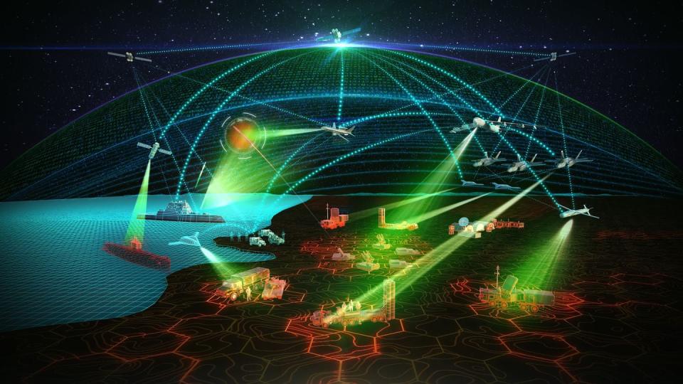 A visualization of the Pentagon's Joint All-Domain Command and Control concept, which aims to better connect sensors and shooters across vast distances. (Photo provided/Raytheon Technologies)