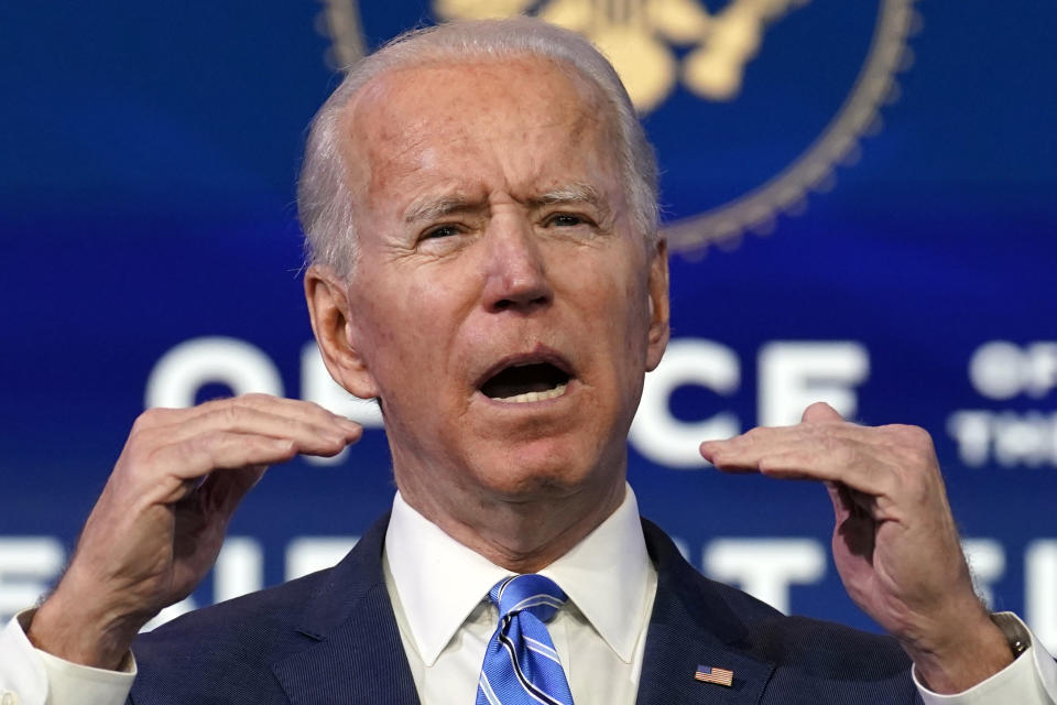 President-elect Joe Biden speaks about the COVID-19 pandemic during an event at The Queen theater, Thursday, Jan. 14, 2021, in Wilmington, Del. (AP Photo/Matt Slocum)