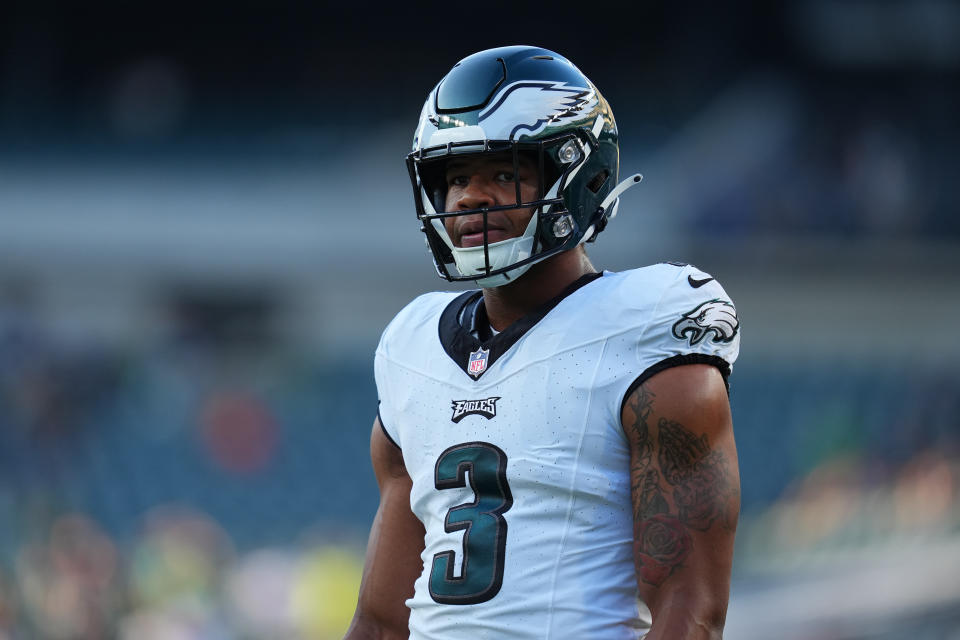 PHILADELPHIA, PENNSYLVANIA – AUGUST 17: Nolan Smith #3 of the Philadelphia Eagles looks on prior to the preseason game against the Cleveland Browns at Lincoln Financial Field on August 17, 2023 in Philadelphia, Pennsylvania. (Photo by Mitchell Leff/Getty Images)