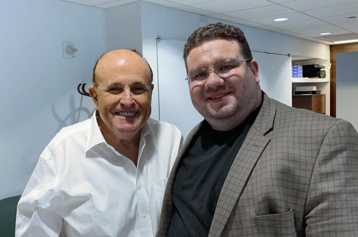 Andrii Telizhenko (R) and Rudy Giuliani  in New York. The photo was posted on Telizhenkoâ€™s Facebook account on May 22. (Andrii Telizhenko/Facebook) 