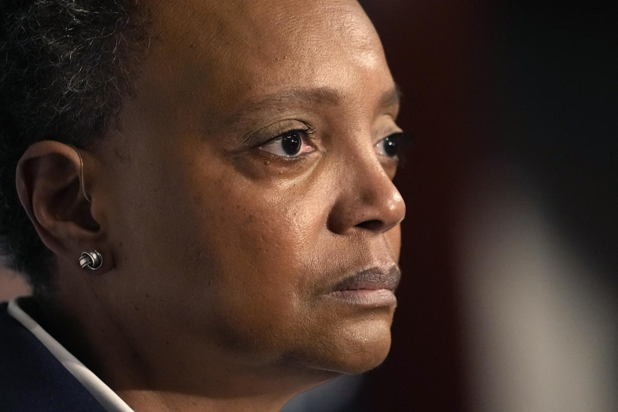 Chicago Mayor Lori Lightfoot pauses during her concession speech during an election night party for the mayoral election Tuesday, Feb. 28, 2023, in Chicago. (AP Photo/Charles Rex Arbogast)