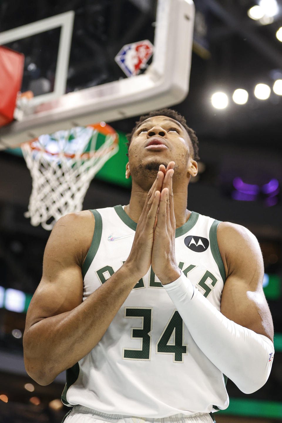 Milwaukee Bucks forward Giannis Antetokounmpo (34) reacts at the start of the game against the Minnesota Timberwolves during the first half of an NBA basketball game Wednesday, Oct. 27, 2021, in Milwaukee. (AP Photo/Jeffrey Phelps)