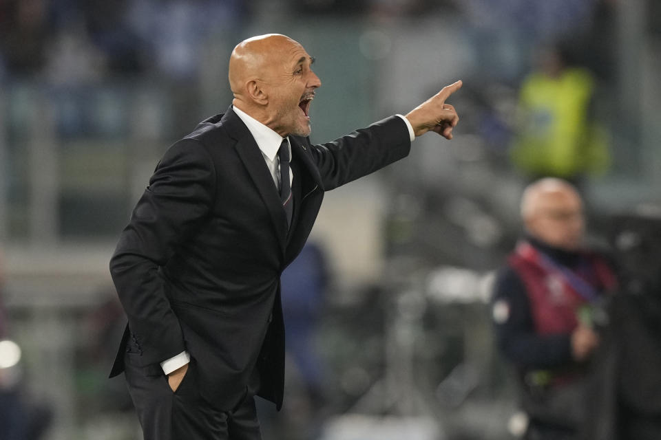 Italy coach Luciano Spalletti gestures during an Euro 2024 group C qualifying soccer match between Italy and North Macedonia, at the Olympic stadium, in Rome Friday, Nov. 17, 2023. (AP Photo/Andrew Medichini)