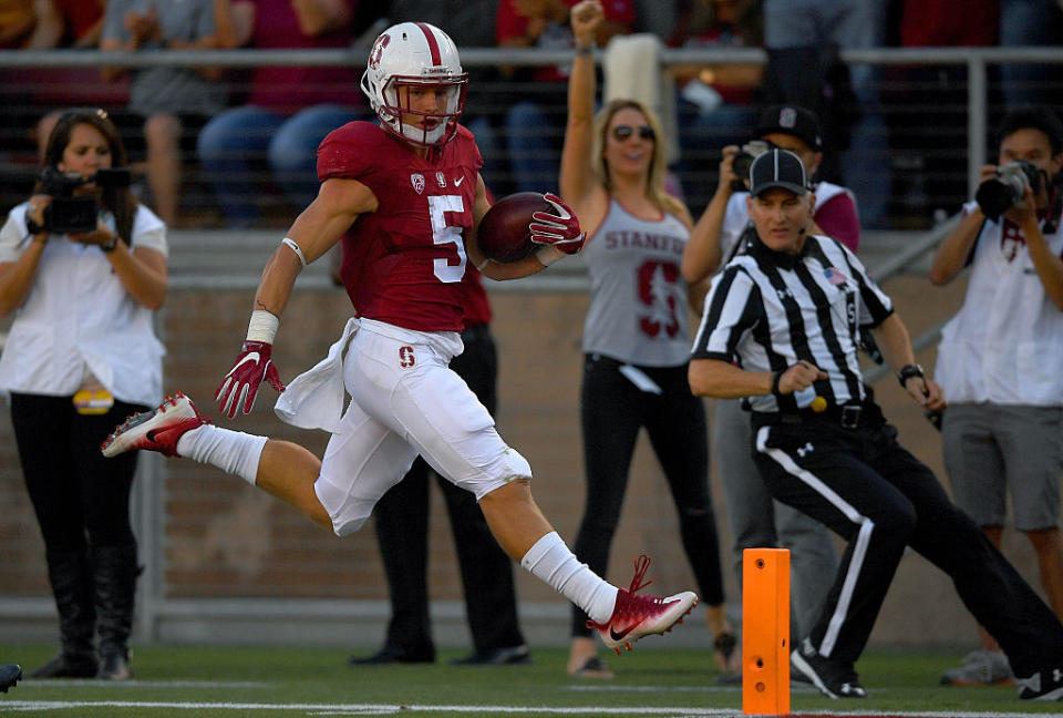 PALO ALTO, CA - SEPTEMBER 17: Christian McCaffrey #5 of the Stanford Cardinal scores a touchdown against the USC Trojans in the first half. (Getty Images)
