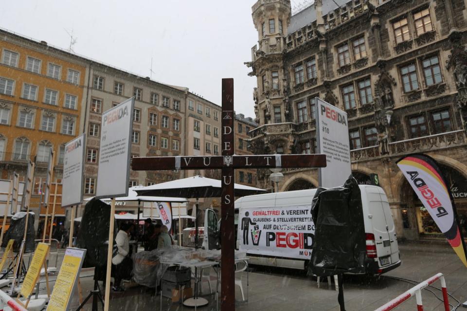 <span class="caption">A crusader cross on display at a rally by the racist Pegida movement in Germany.</span> <span class="attribution"><a class="link " href="https://www.gettyimages.com/detail/news-photo/cross-with-quot-deus-vult-quot-is-seen-in-the-picture-quot-news-photo/918877342?adppopup=true" rel="nofollow noopener" target="_blank" data-ylk="slk:Alexander Pohl/NurPhoto via Getty Images;elm:context_link;itc:0;sec:content-canvas">Alexander Pohl/NurPhoto via Getty Images</a></span>