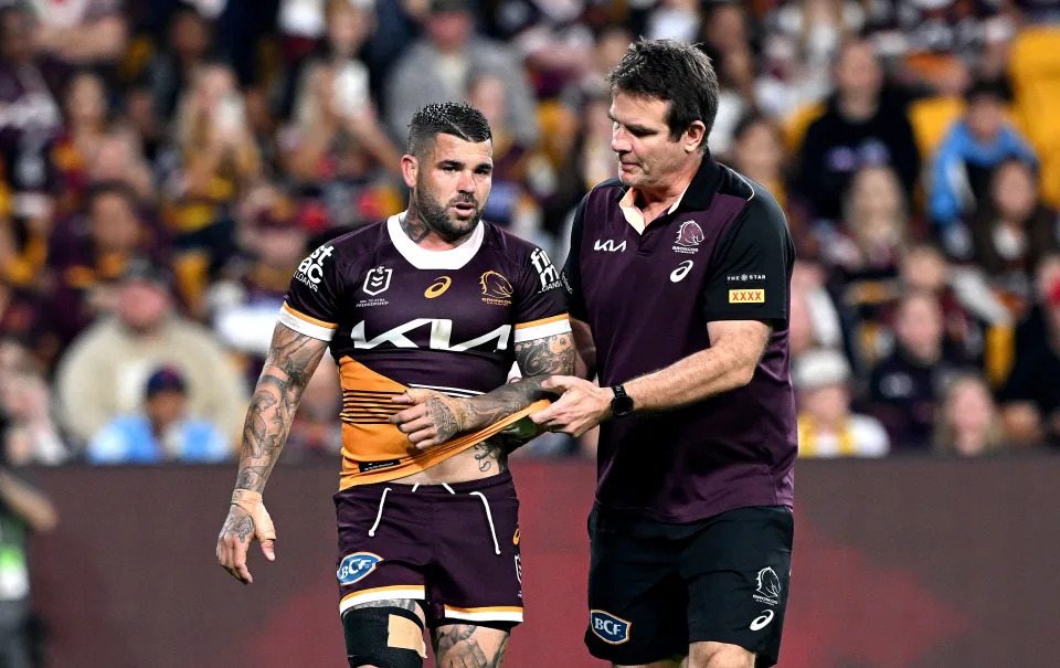 BRISBANE, AUSTRALIA - MAY 03: Adam Reynolds of the Broncos is injured during the round nine NRL match between the Brisbane Broncos and Sydney Roosters at Suncorp Stadium, on May 03, 2024, in Brisbane, Australia. (Photo by Bradley Kanaris/Getty Images)