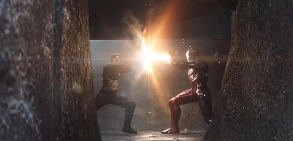 Captain America blocking Iron Man's blast in "Captain America: Civil War"