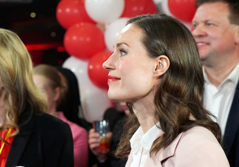 Finland's Prime Minister Marin attends the Social Democratic Party's parliamentary election event in Helsinki