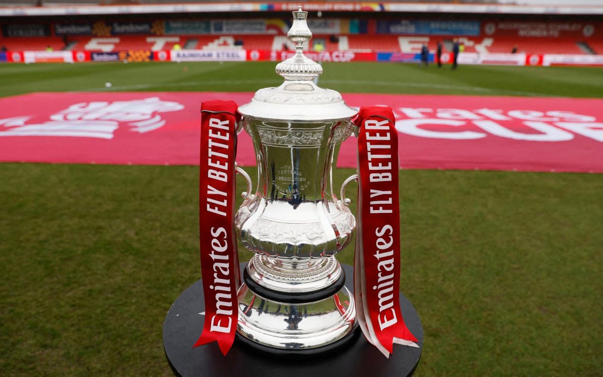 Soccer Football - FA Cup - Fourth Round - Accrington Stanley v Leeds United - Wham Stadium, Accrington, Britain - January 28, 2023&#xA;FA Cup trophy is seen inside the stadium before the match - Action Images via Reuters