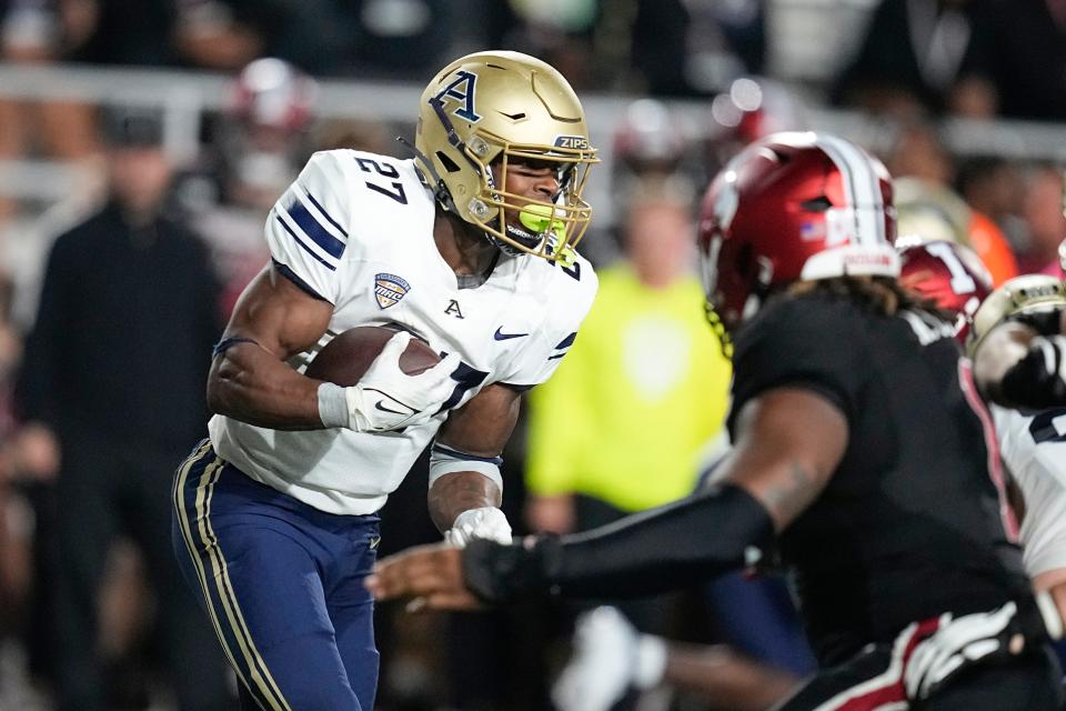 Akron running back Lorenzo Lingard runs for a 71-yard touchdown against Indiana in the fourth quarter, Saturday, Sept. 23, 2023, in Bloomington.