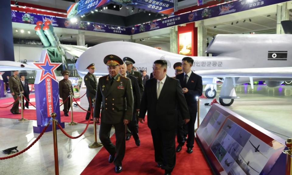 North Korean leader Kim Jong Un walks with Russian Defense Minister Sergei Shoigu in Pyongyang, North Korea, on July 27, 2023.