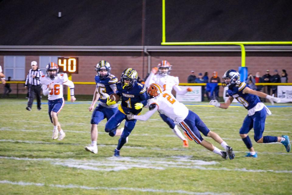 River Valley's Grant Butler runs after making a catch against Galion last week. The Vikings are making a third straight trip to the postseason when they go to Sandusky Perkins on Friday.