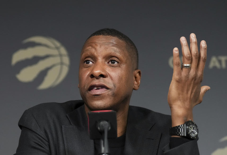 Toronto Raptors NBA basketball team President Masai Ujiri speaks to the media regarding the recent trades in Toronto, Thursday, Jan. 18, 2024. (Nathan Denette/The Canadian Press via AP)