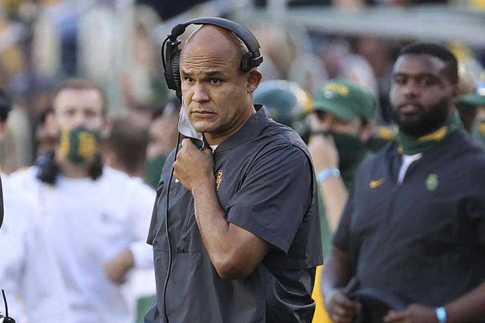 FILE - Baylor head coach Dave Aranda looks to an official in the second half of an NCAA college football game against TCU in Waco, Texas, in this Saturday, Oct. 31, 2020, file photo. BYU coach Kalani Sitake said he has known Aranda for a long time, and that they have shared a lot of ideas and philosophies about coaching.Baylor and BYU meet in a matchup of 5-1 teams on Saturday, Oct. 16, 2021. (Jerry Larson/Waco Tribune-Herald via AP, File)