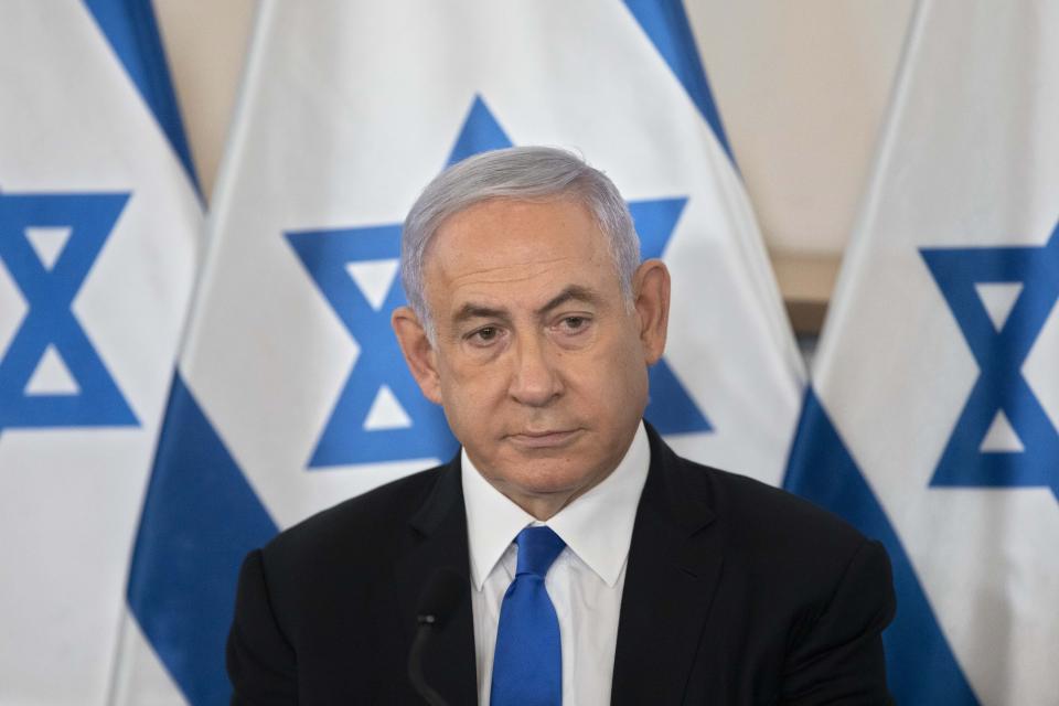 Israeli Prime Minister Benjamin Netanyahu looks on during a briefing to ambassadors to Israel at the Hakirya military base in Tel Aviv, Israel, Wednesday, May 19, 2021. (AP Photo/Sebastian Scheiner, Pool)