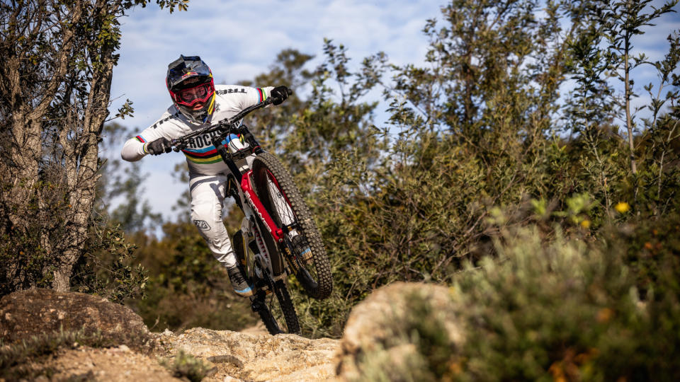  A mountain bike and rider on a trail 