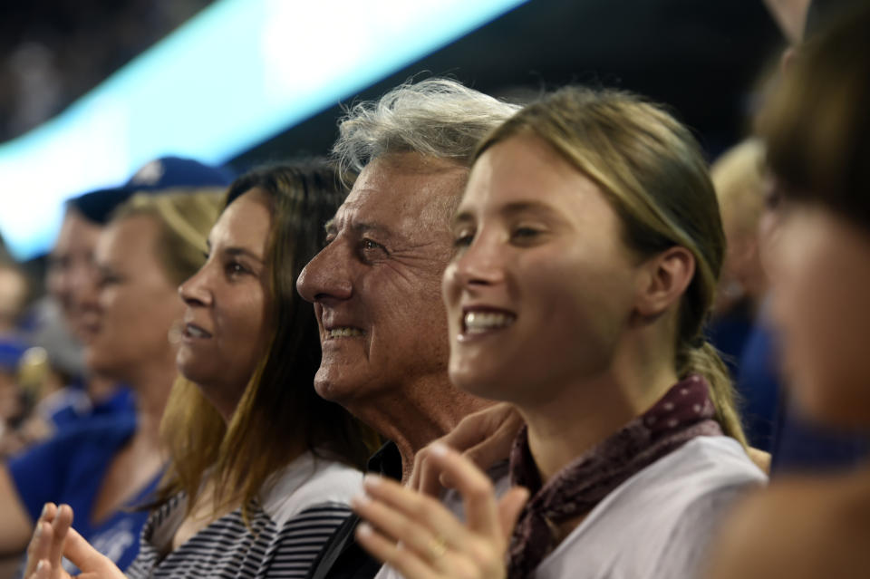 <p>Dustin Hoffman is seen cheering during Game 1 of the 2017 World Series between the Houston Astros and the Los Angeles Dodgers at Dodger Stadium on Tuesday, October 24, 2017 in Los Angeles, California. (Photo by LG Patterson/MLB Photos via Getty Images) </p>