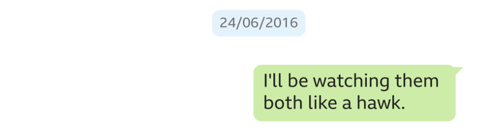 Mensaje escrito por Lucy Letby, con fecha del 24 de junio de 2016. Dice: Los estaré vigilando a los dos como un halcón.