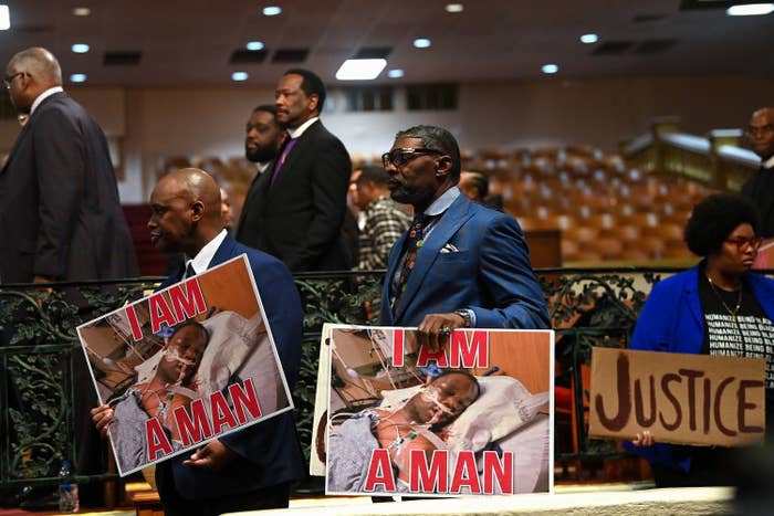 People attend a news conference about Tyre Nichols at Mason Temple on Jan. 31, 2023, in Memphis.&nbsp;