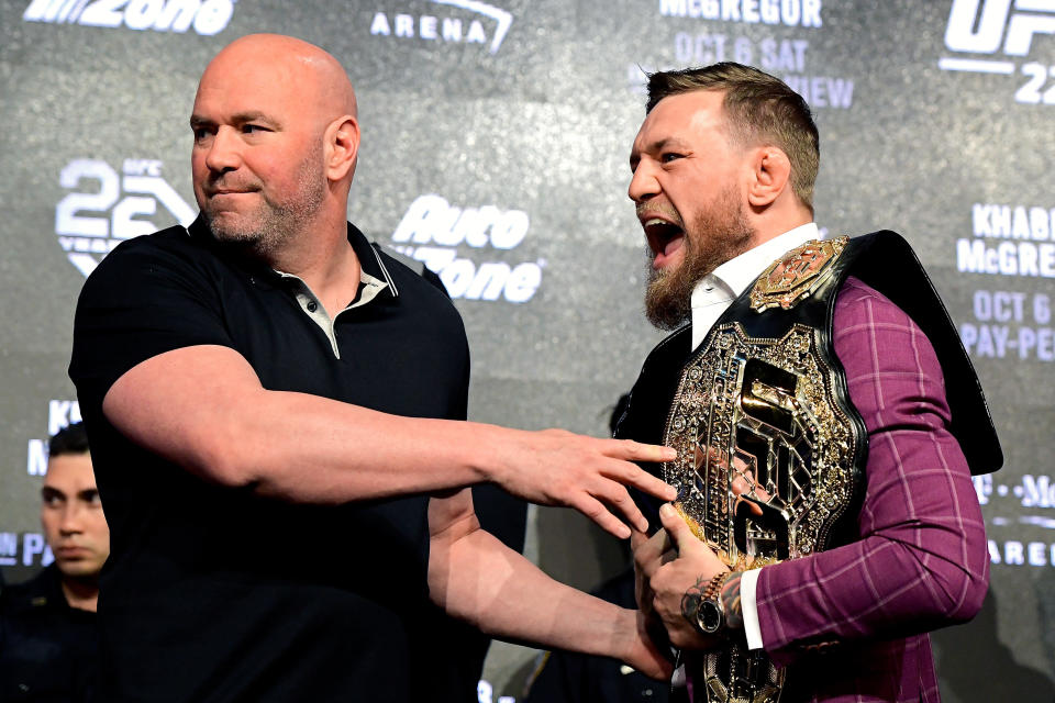 NEW YORK, NY - SEPTEMBER 20: Conor McGregor is held back by UFC President Dana White during the UFC 229 Press Conference at Radio City Music Hall on September 20, 2018 in New York City.  (Photo by Steven Ryan/Getty Images)