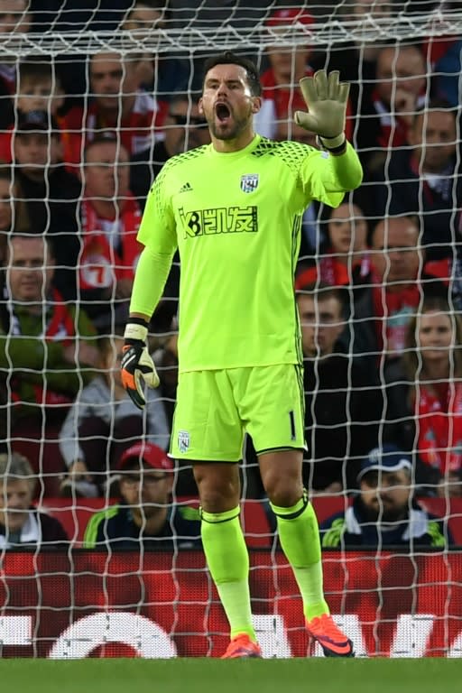 West Bromwich Albion's English goalkeeper Ben Foster shouts during the English Premier League football match between Liverpool and West Bromwich Albion at Anfield in Liverpool, north west England on October 22, 2016