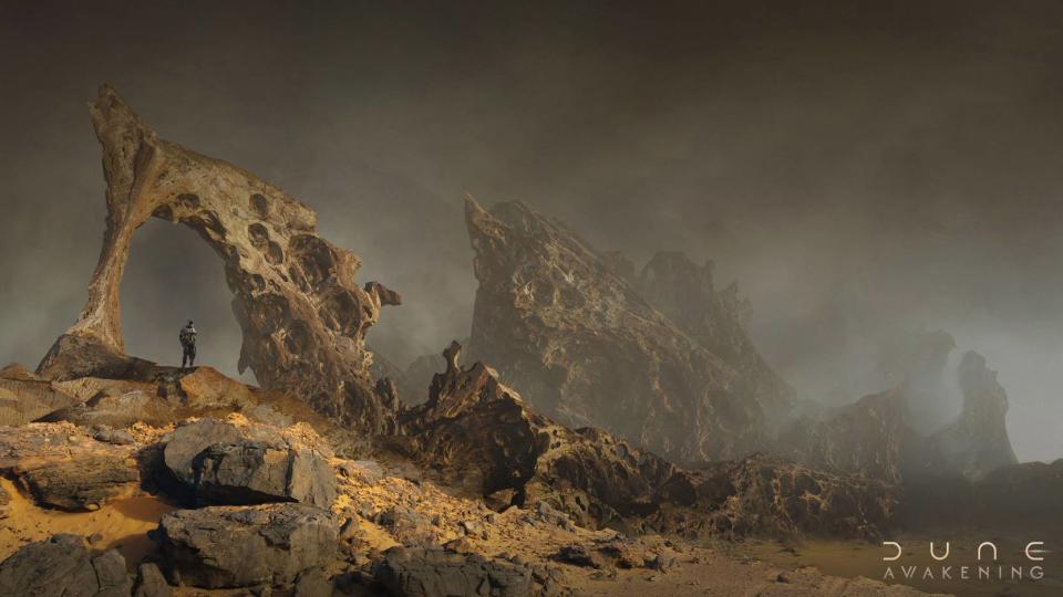 Dune Awakening concept art; curved rocks, dark skies