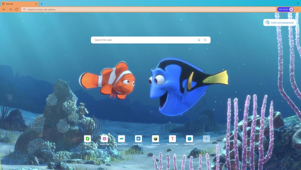 Im Kindermodus können die Nutzer ihren Browser selbst gestalten, etwa mit Motiven aus Disney-Filmen wie "Findet Nemo". (Bild: Microsoft)