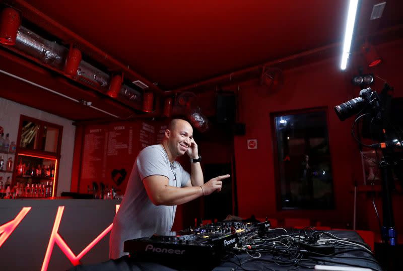 Czaban, 36-year-old, also known as DJ Revolution performs in an empty music club during the global coronavirus disease (COVID-19) outbreak, in Budapest