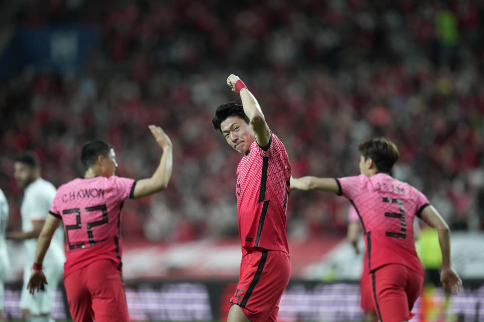 South Korea's Hwang Ui-jo celebrates after scoring the goal during the friendly soccer match between South Korea and Egypt at Seoul World Cup Stadium in Seoul, South Korea, Tuesday, June 14, 2022. (AP Photo/Lee Jin-man)