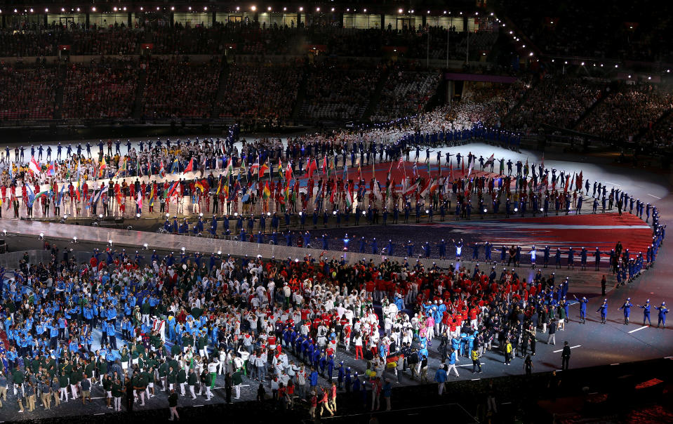 Athletes enter the stadium during the Closing Ceremony on Day 16 of the London 2012 Olympic Games at Olympic Stadium on August 12, 2012 in London, England. (Photo by Clive Brunskill/Getty Images)