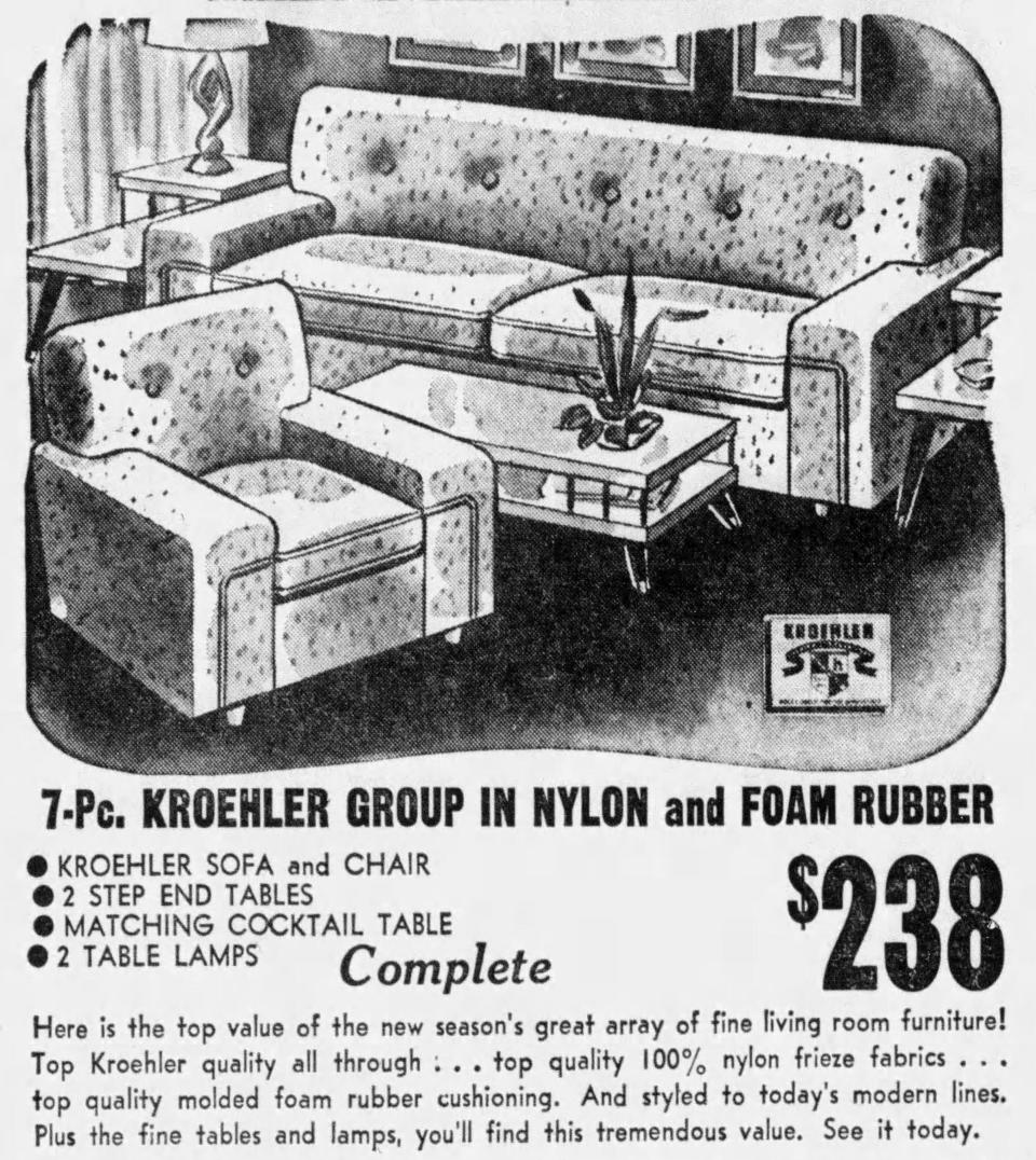 A 1959 ad from Olum’s shows living room sets made by Kroehler Manufacturing.