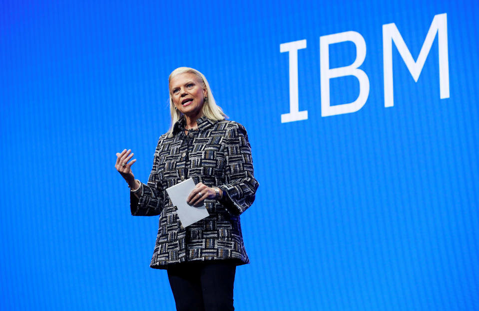 Ginni Rometty, IBM chairman, president and CEO, speaks during a keynote address at the 2019 CES in Las Vegas (Steve Marcus / Reuters file)