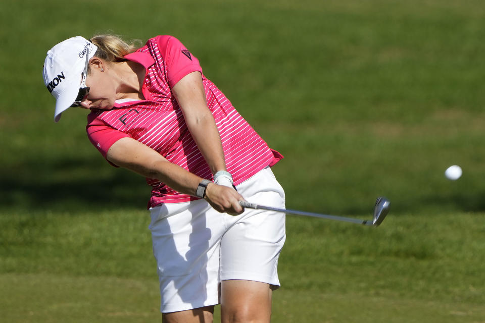 Ashleigh Buhai, of South Africa, hits from the 10th fairway during the first round of the Hilton Grand Vacations Tournament of Champions LPGA golf tournament Thursday, Jan. 19, 2023, in Orlando, Fla. (AP Photo/John Raoux)