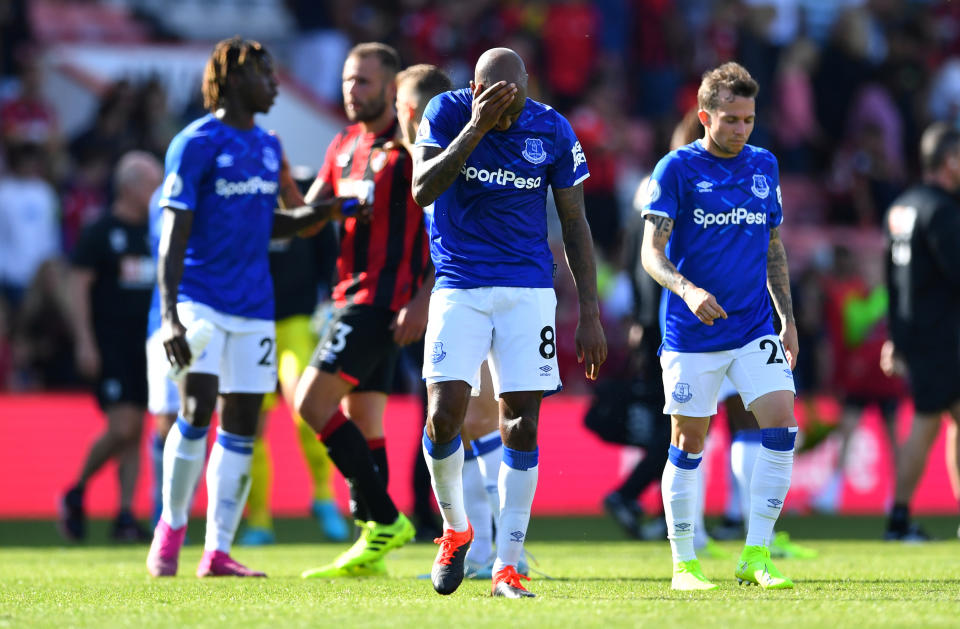 Soccer Football - Premier League - AFC Bournemouth v Everton - Vitality Stadium, Bournemouth, Britain - September 15, 2019  Everton's Fabian Delph and Bernard look dejected after the match  REUTERS/Dylan Martinez  EDITORIAL USE ONLY. No use with unauthorized audio, video, data, fixture lists, club/league logos or "live" services. Online in-match use limited to 75 images, no video emulation. No use in betting, games or single club/league/player publications.  Please contact your account representative for further details.