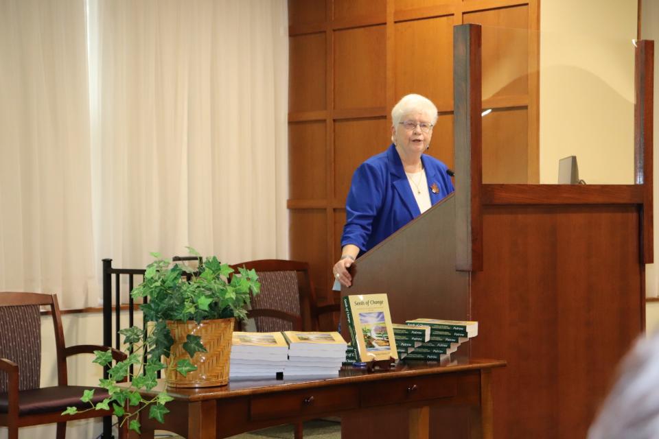 Sister Patricia Siemen, prioress of the Adrian Dominican Congregation, gives background information Oct. 7 on the writing and production of the Sisters' fourth history book titled “Seeds of Change: A History of the Adrian Dominican Sisters, 1962-1986.” The newly released book is the fourth volume on the history of the Adrian Dominican Sisters congregation.