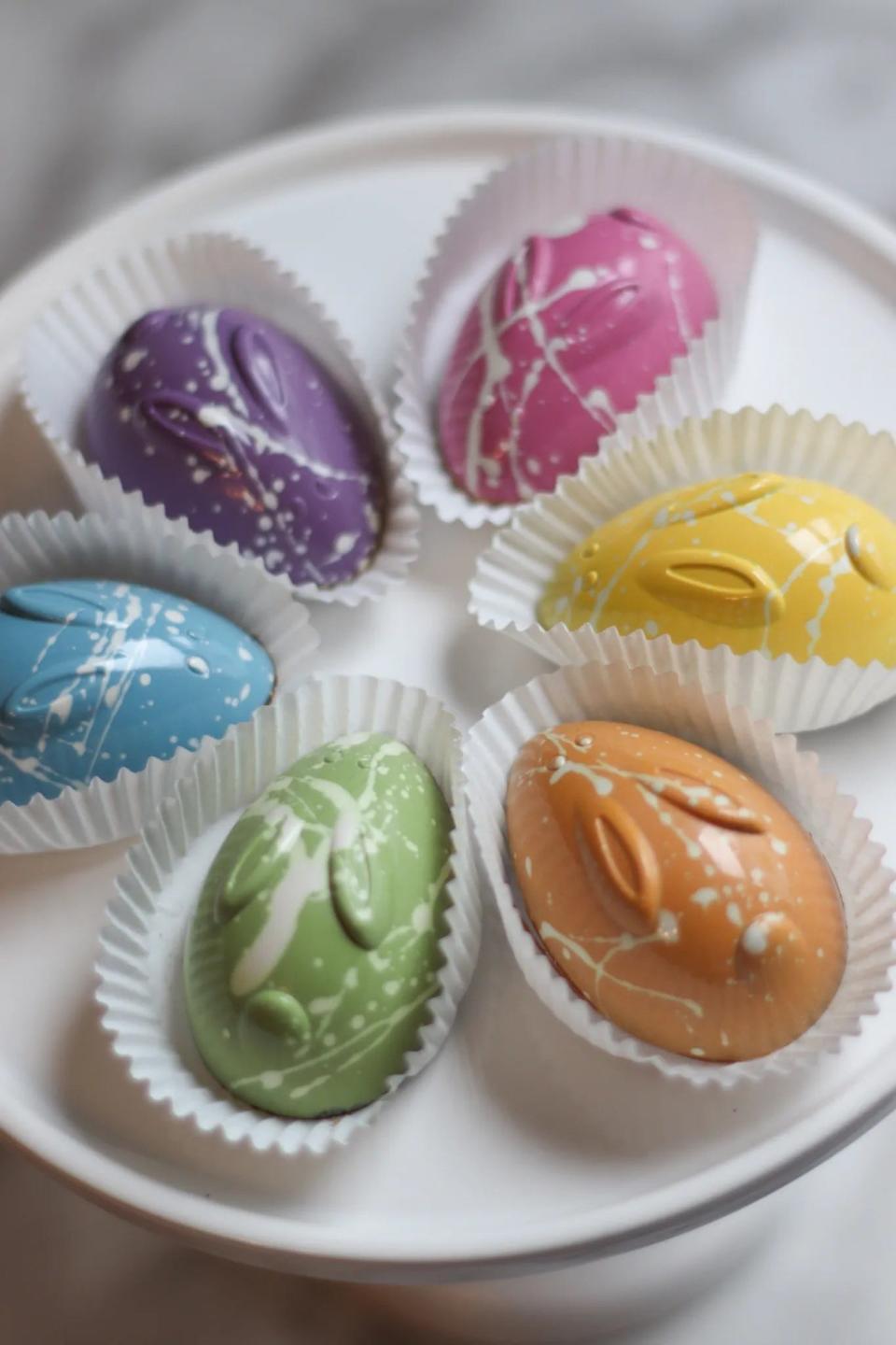 Lohcally Artisan Chocolate's handmade bunny truffles come in several flavors and its Easter pastels are hand-painted using all-natural colored cocoa butters.