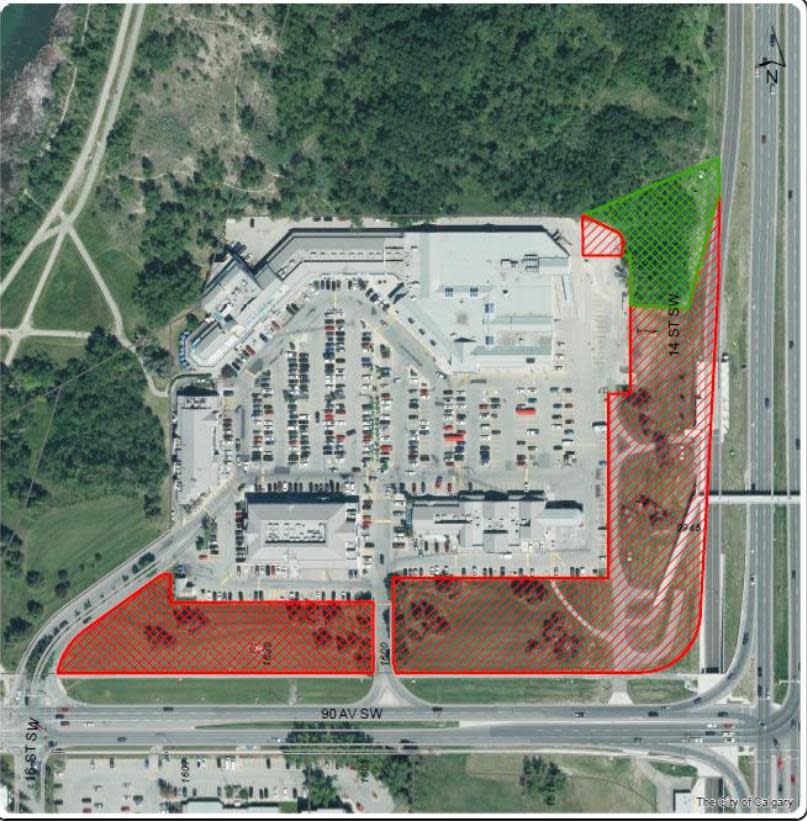 This image from the City of Calgary's presentation show the land which could be sold in red, the area in green is deemed mature greenspace and will remain the city's.