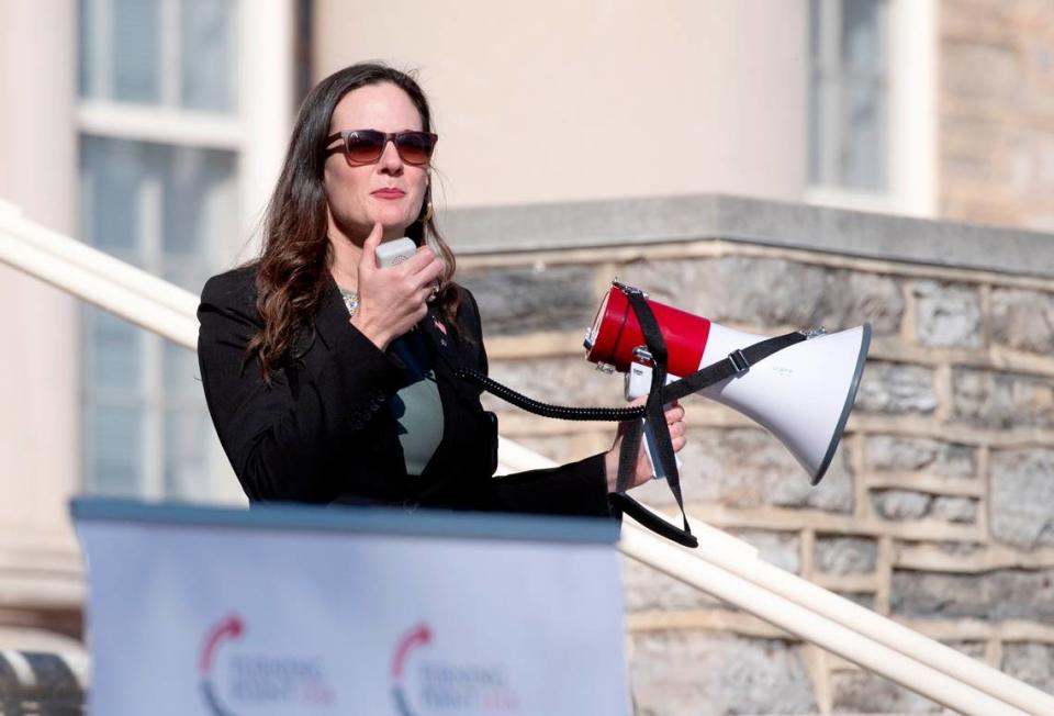 Rep. Stephanie Borowicz speaks to the crowd during the Turning Point USA anti-mandate freedom rally outside of Old Main on Friday, Nov. 12, 2021.