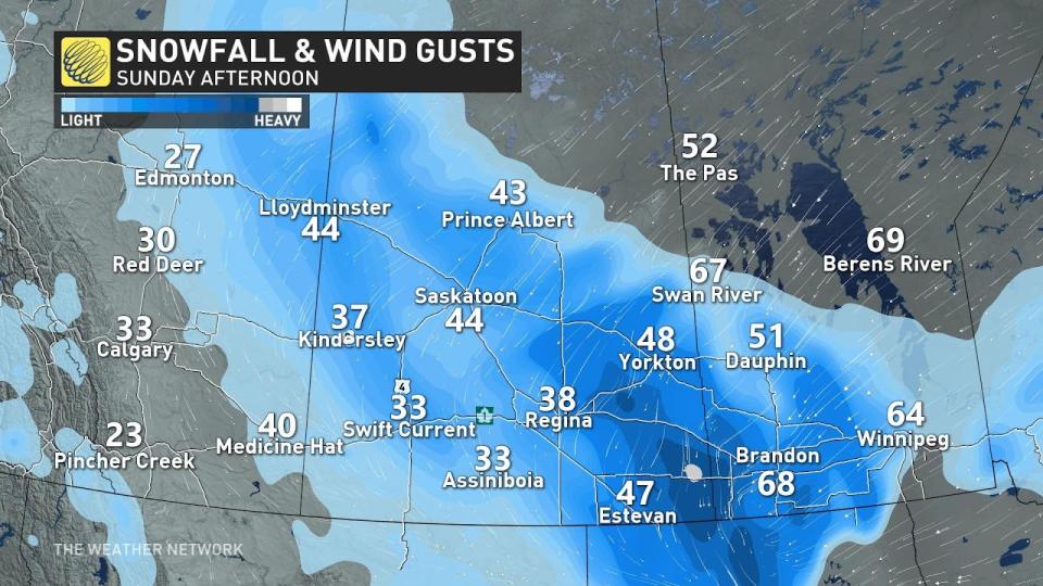 Prairies snow gusts Sunday afternoon